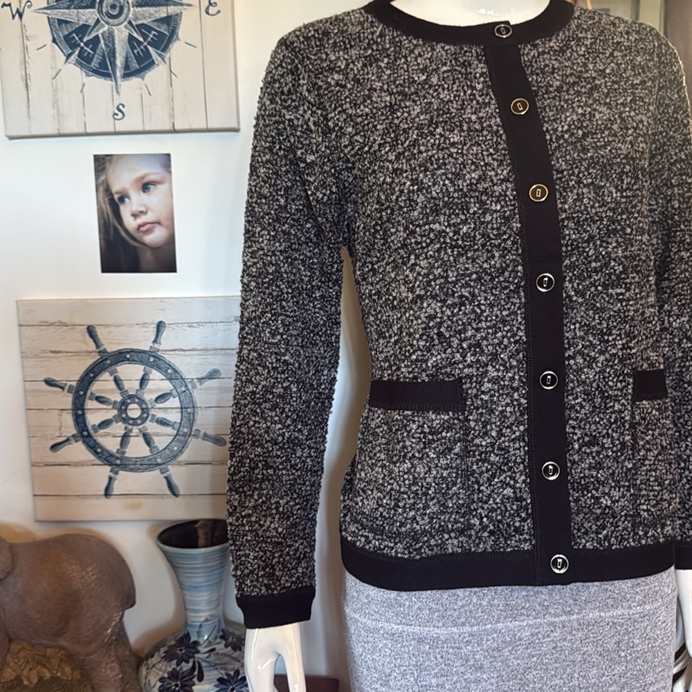 Black and White Textured Button-Front Women's Sweater - Picture 2 of 6